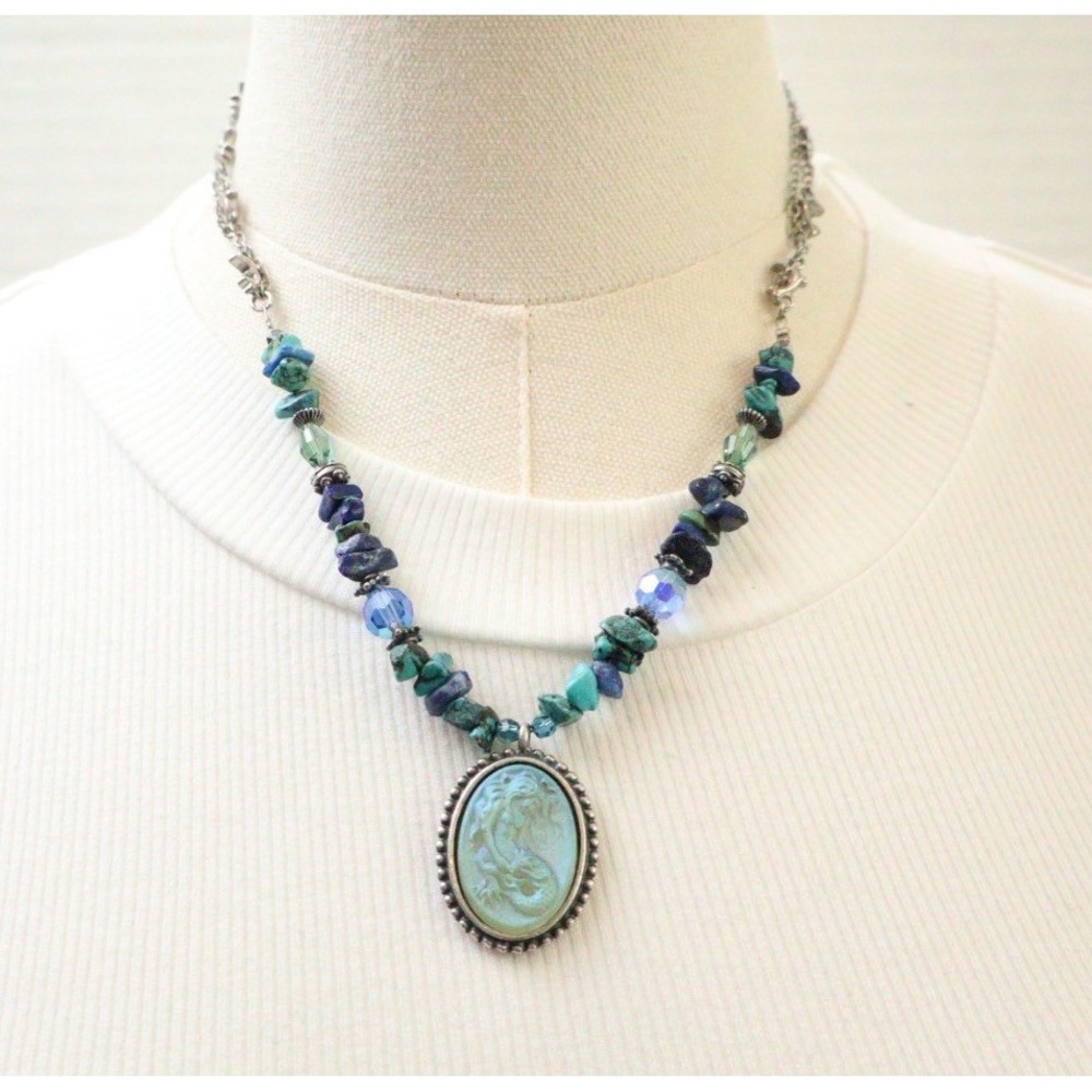 VTG Kirks Folly Necklace Mermaid Iridescent Stone Glass Dolphins Silver Tone